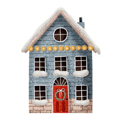 Blue winter house with holiday decoration and christmas lights.