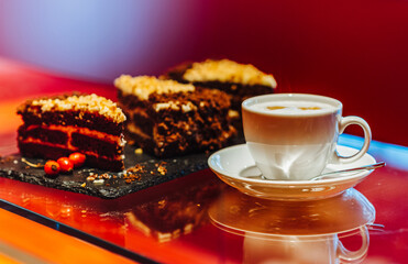 Dessert. Chocolate cake and cup with coffee