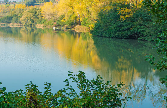 Green and yellow colors are in the same frame. Autumn landscape.