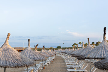 An empty sandy beach with rows of straw umbrellas from the sun and sun beds.