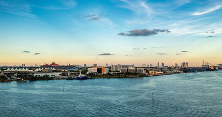 Aerial panorama view of Miami beach bayfront scene at sunset