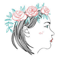Vector abstract illustration of a girl with flowers. Fashion illustration