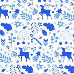 Seamless Christmas patterns with fir branches, berries, stars and other elements. Vector illustration