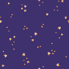 Hand-painted star seamless vector pattern on dark purple background. The abstract cute composition of stars for background, gift wrapping paper, or packaging design.