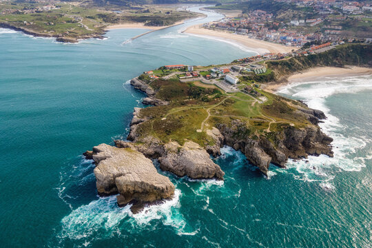 Aerial view of a scenic coastline landscape in Suances, Cantabria, Spain. High quality photo.