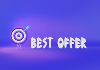 3d lettering best offer with target pointer business concept render illustration. Sales growth text, phrases, quotes. Breaking limits bubble words for branding, marketing, advertising, banner, cover.
