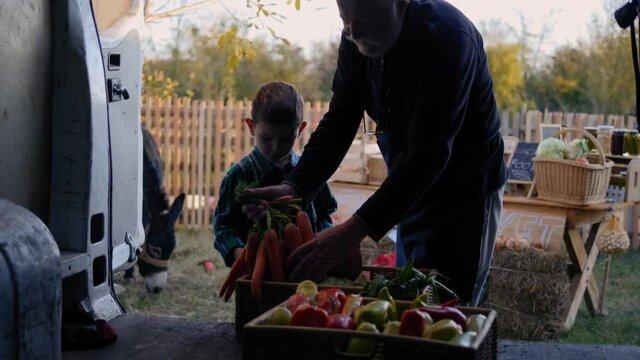 Little boy and grandfather unload the crates of vegetables together from the van on the farm