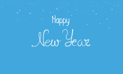 Naklejka na ściany i meble Happy New Year banner with snowflakes and glossy sparkles on blue background. Handwritten Lettering Happy New Year. Modern vector illustration , greeting card poster. Good for web and print