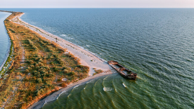 Black sea in Ukraine. Kinburn Spit. Wild nature, top view of Kinburn spit - the Ukrainian Maldives.