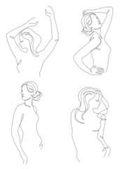 Lady collection. Silhouettes of a girl in a modern one line style. Continuous line drawing, aesthetic outline for home decor, posters, wall art, stickers, logo. Vector illustration set.