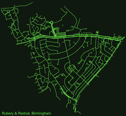 Detailed emerald green navigation urban street roads map on dark green background of the quarter Rubery & Rednal neighborhood of the English regional capital city of Birmingham, United Kingdom
