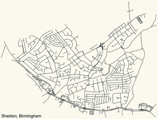 Fototapeta na wymiar Detailed navigation urban street roads map on vintage beige background of the quarter Sheldon neighborhood of the English regional capital city of Birmingham, United Kingdom