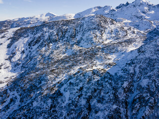 Aerial winter landscape of Rila Mountain near Malyovitsa peak, Bulgaria