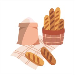 A bag of flour and a basket of fresh bread on a checkered tablecloth. Vector illustration