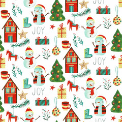 Christmas pattern with watercolors, house and Christmas trees