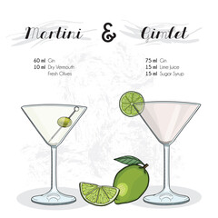 Hand Drawn Colorful Martini and Gimlet Cocktail Drink Ingredients Recipe