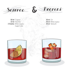 Hand Drawn Colorful Sazerac and Negroni Cocktail Drink Ingredients Recipe