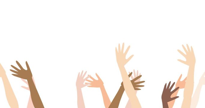 Waving hands animation. Ethnic human hands wave up air. Group of people. Isolated white background. Open light to dark. African, Mexican, European, Spanish, Turkish, Arabic. Concert, hi. 2D footage