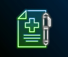 Obraz premium Glowing neon line Medical prescription and pen icon isolated on black background. Rx form. Recipe medical. Pharmacy or medicine symbol. Colorful outline concept. Vector