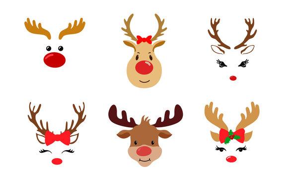 Set of a cute reindeer face with Christmas decoration. Vector illustration.  Collection of cute cartoon reindeer. Christmas theme. Isolated on white  background. Stock Vector | Adobe Stock