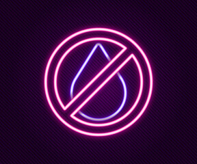 Glowing neon line Water drop forbidden icon isolated on black background. No water sign. Colorful outline concept. Vector