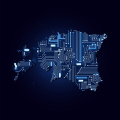 Contour map of Estonia with a technological electronics circuit.