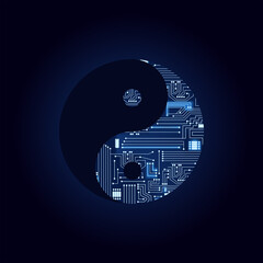 Yin yang symbol with a technological electronics circuit. Blue background.