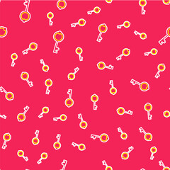 Line Old key icon isolated seamless pattern on red background. Vector