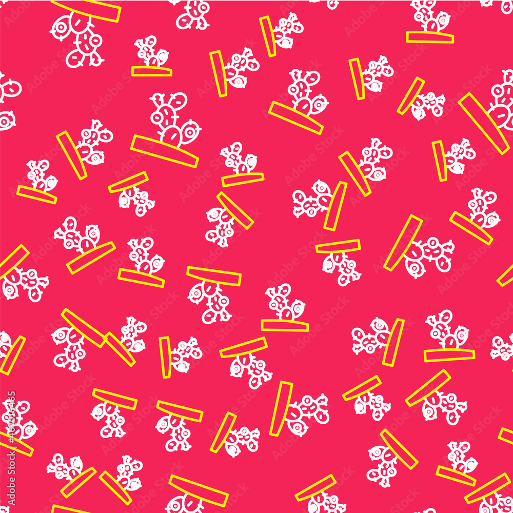 Poster Line Cactus icon isolated seamless pattern on red background. Vector