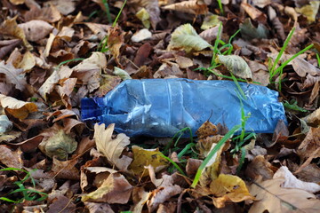 Plastikowa butelka w lesie jako przykład śmieci - obrazy, fototapety, plakaty