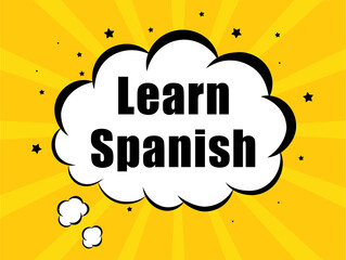Learn Spanish in yellow bubble background