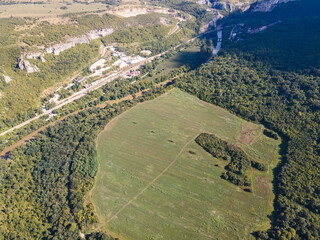 Aerial view of Iskar river, passing near village of Karlukovo, Bulgaria