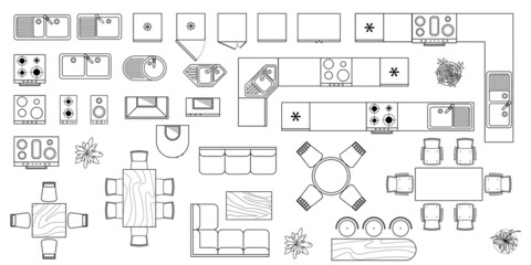 Kitchen and dining room furniture  top view. Set of architectural elements for interior design of house, apartment, office. Interior icon, equipment, tables, chairs, sink. Furniture symbol set. Vector