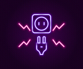 Glowing neon line Connecting electric plug with electricity spark icon isolated on black background. Colorful outline concept. Vector
