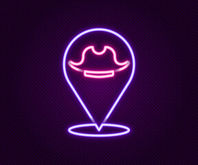 Glowing neon line Location pirate icon isolated on black background. Colorful outline concept. Vector