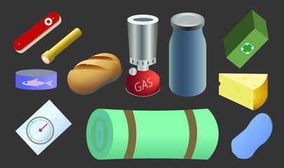 set of tourist equipment, vector illustration