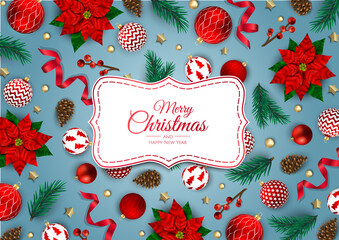 Merry Christmas and Happy New Year. Xmas background with Snowflakes and balls design.