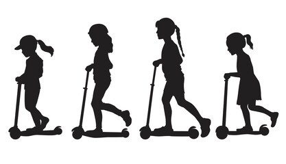 Vector set of silhouettes of a girl on a scooter. Black and white illustration