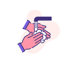 two hands of a person are washed with soap under running water single flat icon isolated on white. Perfect flat symbol clean palm Coronavirus Covid 19 banner wash hands