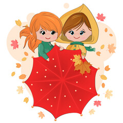 Two girlfriends in warm autumn clothes. Children stand under an open red umbrella. Girls on a walk under a leaf fall