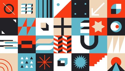 Bauhaus geometric brutalism elements. Modern basic bold forms, abstract dynamic shapes simple design. Vector illustration