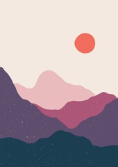 Abstract landscape poster. Minimal mountains background, boho contemporary art print, nature wall decor. Vector illustration