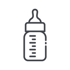 Baby bottle with pacifier line icon isolated on transparent background.