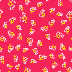 Line Airline service of finding lost baggage icon isolated seamless pattern on red background. Search luggage. Vector