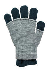 Knitted thick woolen glove for autumn and winter, isolated on a white background, close-up