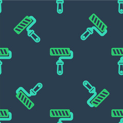 Line Paint roller brush icon isolated seamless pattern on blue background. Vector