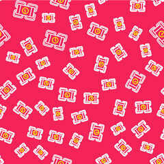 Obraz premium Line Detonate dynamite bomb stick and timer clock icon isolated seamless pattern on red background. Time bomb - explosion danger concept. Vector