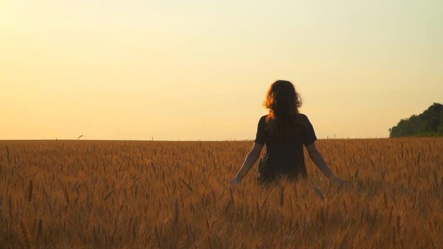 A woman runs across the field at sunset. free spirit of a beautiful young girl. Collect rye and wheat. Enjoy the summer and be happy. Spin and laugh. Warm sunny day in summer. Evening in the village.