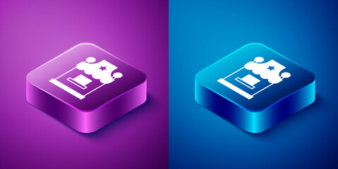 Isometric Ticket box office icon isolated on blue and purple background. Ticket booth for the sale of tickets for attractions and sports. Square button. Vector