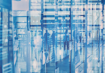 crowd of business people, blue tone double exposure background
